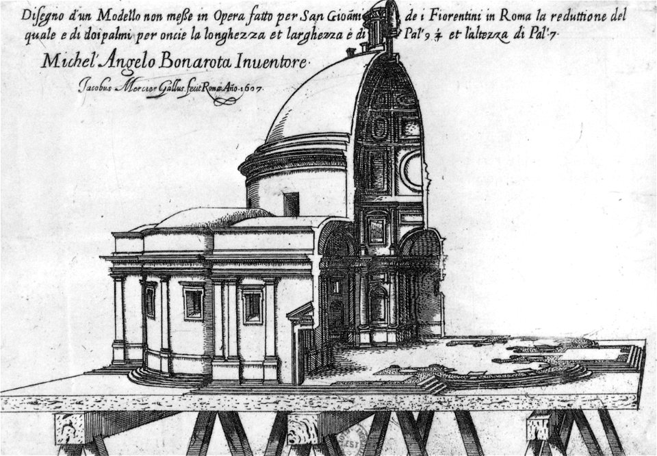 View of a model of a project by Michelangelo for San Giovanni dei Fiorentini, engraving by Jacques Lemercier - Gady 2005 p20