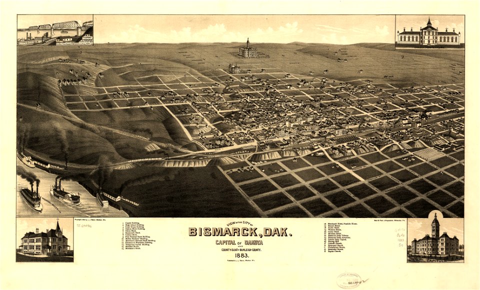 View of the city of Bismarck, Dak. Capital of Dakota and county-seat of Burleigh-County 1883. LOC 75694906