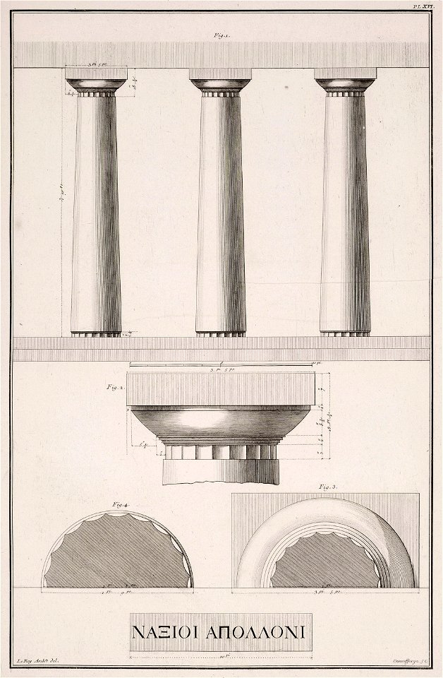 View of Doric columns Plan and bottom plan of Doric columns View of the capital of the column - Le Roy Julien David - 1770
