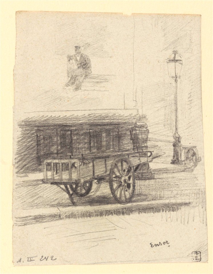 View of a street with a barrow, a streetlamp and a man sitting on a bench, drawing by James Ensor, Prints Department, Royal Library of Belgium, S. IV 242