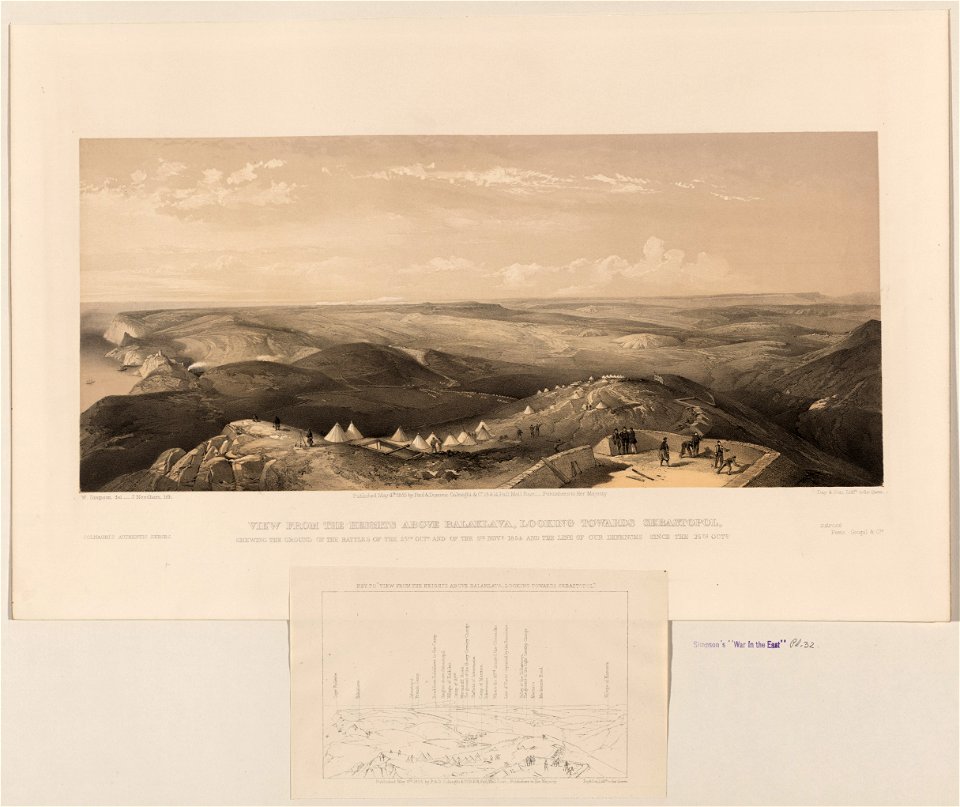 View from the heights above Balaklava, looking towards Sebastopol, shewing the ground of the battles of the 25th Octr. and of the 5th Novr. 1854 and the line of our defences since the 25th LCCN2004672591