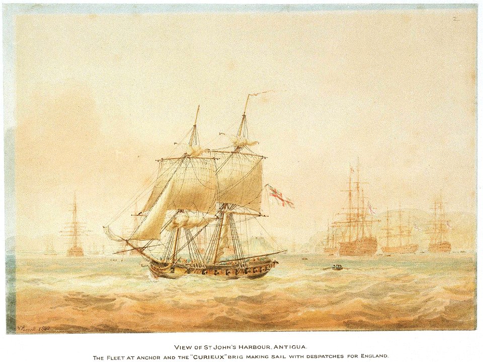 View of St John's Harbour, Antigua; the fleet at anchor and the 'Curieux' brig making sail with dispatches for England (12 June 1805) RMG PW5884
