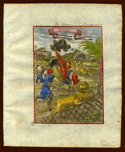 View of lions (being hunted), 1719. Free illustration for personal and commercial use.