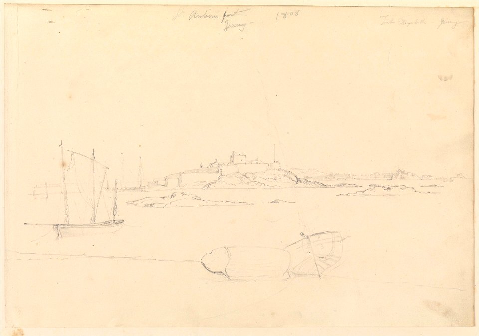 View of St. Aubins Fort Jersey showing Fort Elizabeth, 1808 RMG PY3784