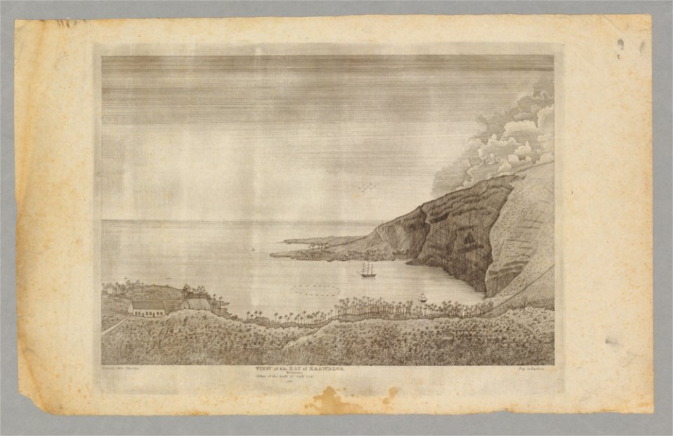 View of the Bay of Kaawaloa, ca. 1835. Drawn by Miss Thurston, engraved by Kepohoni (1)
