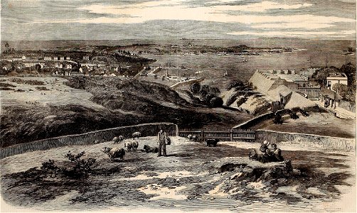View of St Peter Port, Guernsey, taken above Fort George, showing the Town, Harbour, and Roadstead - ILN 1861. Free illustration for personal and commercial use.