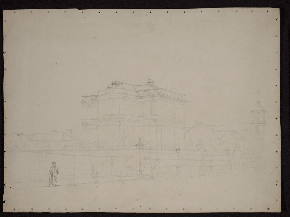 View of the city of Charleston, S.C., with a mansion, the Nathaniel Russell House on Meeting Street at center, surrounded by smaller residences and First Scots Presbyterian Church at right LCCN2009631969