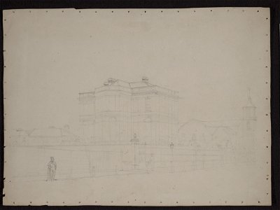 View of the city of Charleston, S.C., with a mansion, the Nathaniel Russell House on Meeting Street at center, surrounded by smaller residences and First Scots Presbyterian Church at right LCCN2009631969