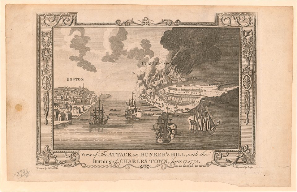View of the attack on Bunker's Hill, with the burning of Charles Town, June 17, 1775 - drawn by Mr. Millar ; engraved by Lodge. LCCN2017660447
