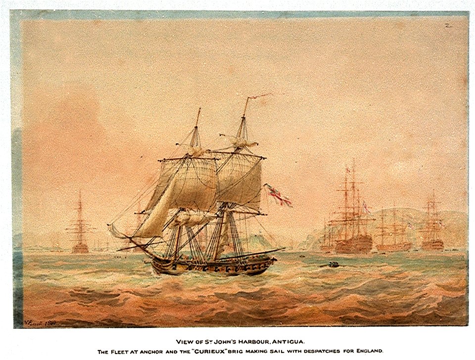 View of St John's Harbour, Antigua; the fleet at anchor and the 'Curieux' brig making sail with dispatches for England (12 June 1805) RMG PW5884