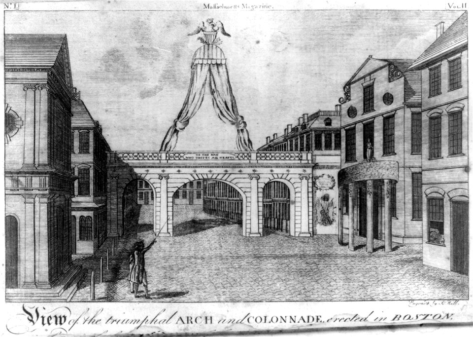 View of the triumphal arch and colonnade, erected in Boston - engrav'd by S. Hill. LCCN2004670221