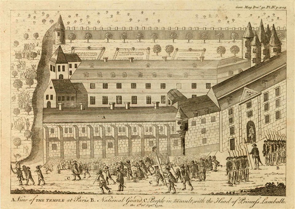 View of the Temple at Paris B. National Guard C. People in tumult, with the head of princess Lamballe the 1st of Sept.r 1792