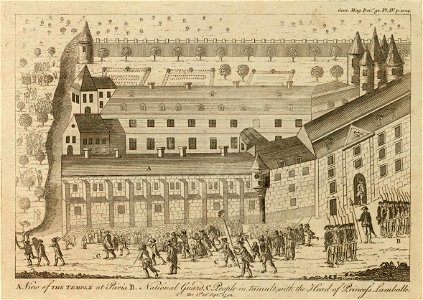 View of the Temple at Paris B. National Guard C. People in tumult, with the head of princess Lamballe the 1st of Sept.r 1792