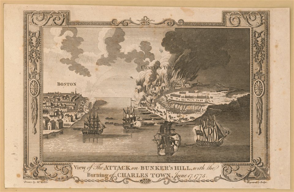 View of the attack on Bunker's Hill, with the burning of Charles Town, June 17, 1775 - drawn by Mr. Millar ; engraved by Lodge. LCCN2004670002