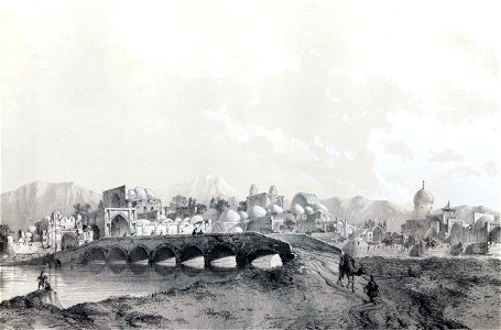 View of the bridge and the city of Qum by Eugène Flandin