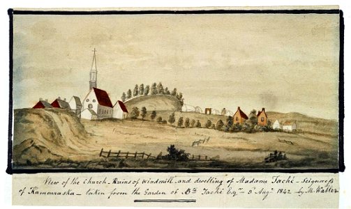 View of the Church, Ruins of Windmill, and Dwelling of Madame Tache – Seignoress of Kamouraska