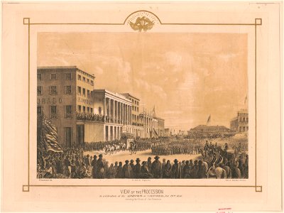 View of the procession in celebration of the admission of California, Oct. 19th, 1850. Crossing the Plaza of San Francisco. - Lith. of Zakreski & Hartman. On stone by Coquardon. J. LCCN2002711451