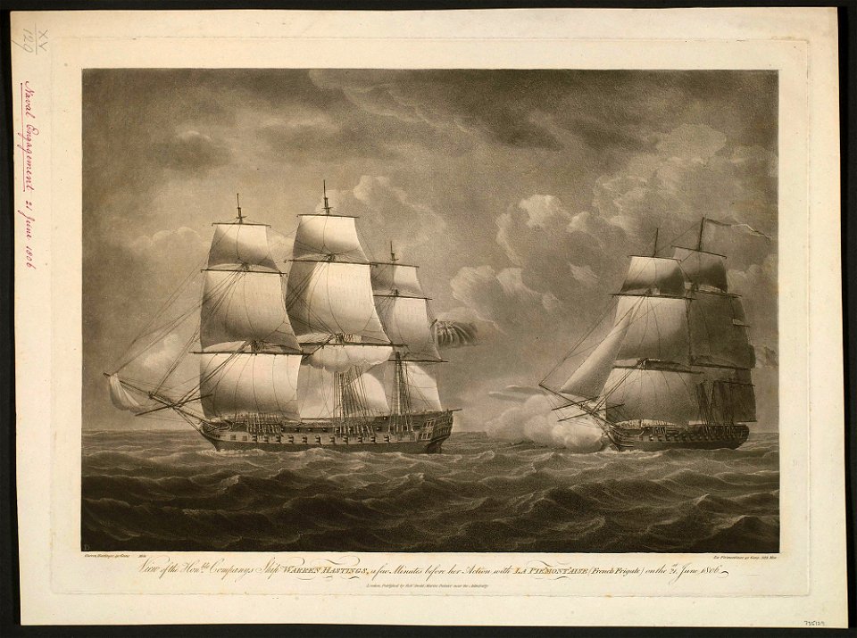 View of the Hon,,ble Companys Ship Warren Hastings, a few Minutes before her Action with La Pie'montaise (French Frigate) on the 21,st June 1806 1806 or later RCIN 735129 680309-1492681654