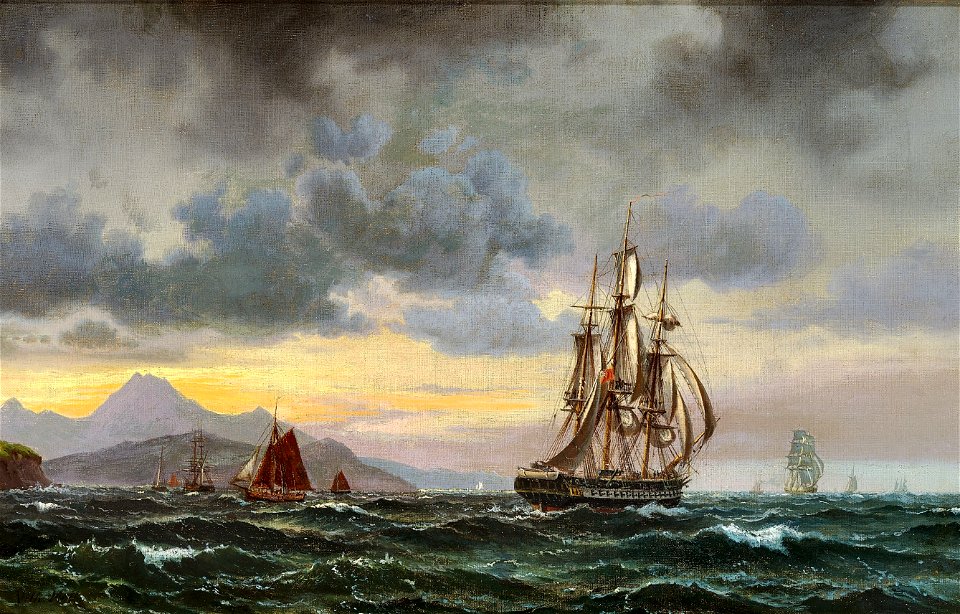Vilhelm Melbye - Marinemaleri med talrige sejlskibe nær en klippekyst