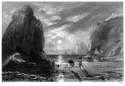 View on the Coast of Zetland, near the Ness, Moonlight engraving by William Miller after W Collins RA