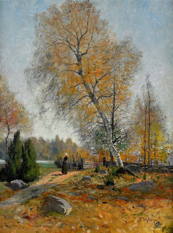 Vilhelm Behm-Höstlandskap med kvinna vid gärdesgård