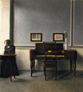 Vilhelm Hammershoi, Ida in an Interior with Piano, 1901. Free illustration for personal and commercial use.