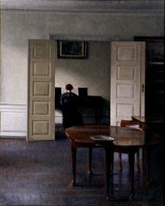 Vilhelm Hammershøi - Interior with Ida Playing the Piano - Google Art Project. Free illustration for personal and commercial use.