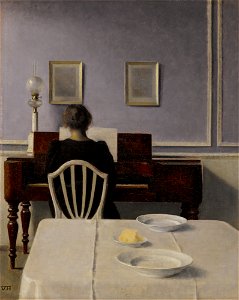 Vilhelm Hammershøi, Stue med kvinde ved klaver, Strandgade 30, 1901. Free illustration for personal and commercial use.