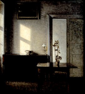 Vilhelm Hammershöi - Interior with potted plant on card table, Bredgade 25 - Google Art Project. Free illustration for personal and commercial use.