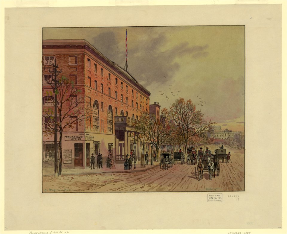 View of Washington looking down Pennsylvania Ave. toward unfinished Capitol. National Hotel on left, no. 2 LCCN2004662334