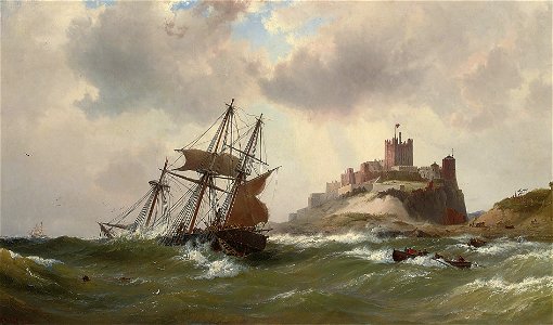 Vilhelm Melbye - I farlig farvand udfor Bamburgh Castle, Northumberland