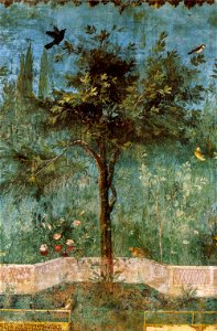 Villa di livia, affreschi di giardino, parete corta meridionale, pianta con uccelli