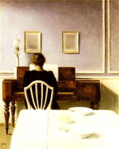 Vilhelm Hammershoi Interior wit a girl at the clavier. Free illustration for personal and commercial use.