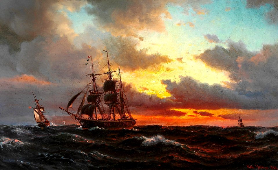 Vilhelm Melbye - Seascape with sailing boats in the sunset (1860)