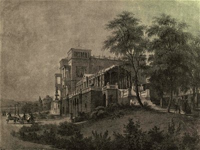 Villa Berg, Ostfassade mit Nymphenbrunnen, um 1860