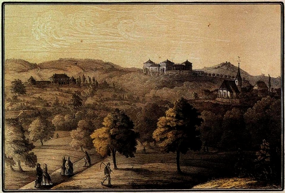 Villa Berg, Orangerie und alte Berger Kirche, um 1850