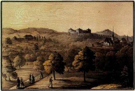 Villa Berg, Orangerie und alte Berger Kirche, um 1850