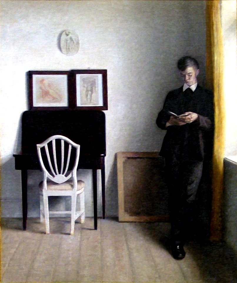 Vilhelm Hammershøi 1898 - Interiør med læsende ung mand. Free illustration for personal and commercial use.