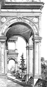 Villa Berg, Ostfassade mit Nymphenbrunnen, um 1880