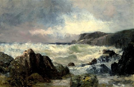 Vilhelm Melbye - Waves crashing on a rocky coastline. Free illustration for personal and commercial use.