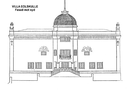 Villa Eolskulle, ritning, fasad mot syd. Free illustration for personal and commercial use.