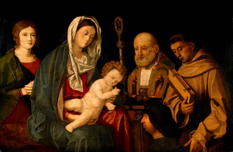 Vincenzo Catena - Virgin and Child with Saints and a Donor - Google Art Project. Free illustration for personal and commercial use.