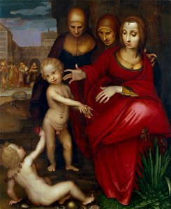 Virgen con el niño, Santa Ana, Santa Isabel y San Juanito Tabla. 140 x 119 cm. Museo del Prado. Free illustration for personal and commercial use.