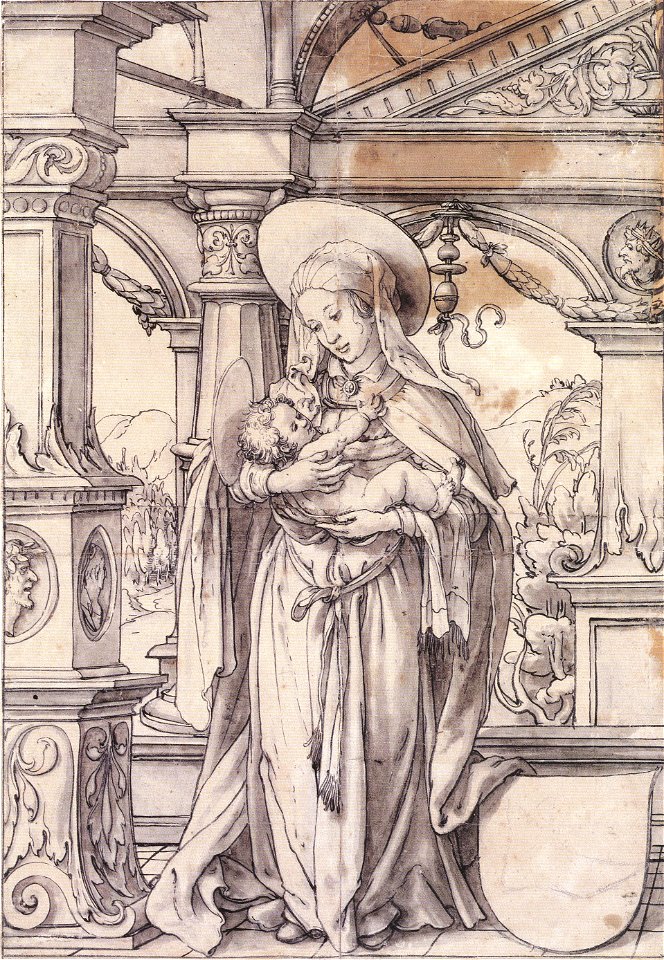 Virgin and Child under a Renaissance Portico, Design for a Stained Glass Window, by Hans Holbein the Younger