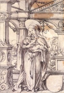Virgin and Child under a Renaissance Portico, Design for a Stained Glass Window, by Hans Holbein the Younger. Free illustration for personal and commercial use.