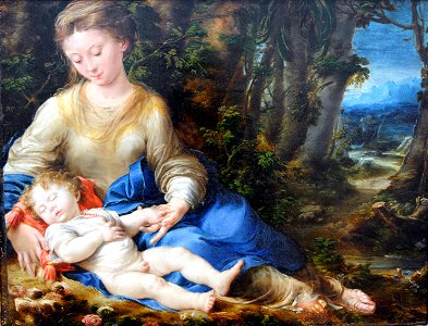 Virgen con niño en paisaje