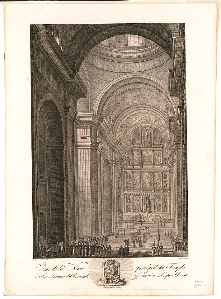 Vista de la nave principal del templo de San Lorenzo del Escorial, y procesion de Corpus Christi LCCN2003673042
