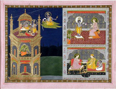 Vishnu approaches a golden tower on Garuda (6124593855)