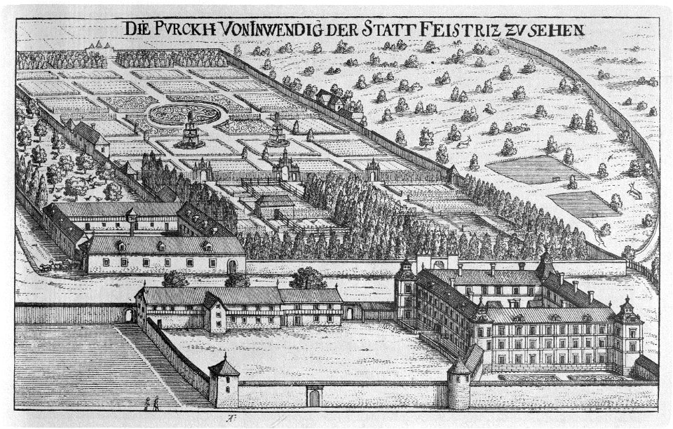 Vischer - Topographia Ducatus Stiriae - 482 Burg Freistritz von Windischfeistritz aus gesehen - Slovenska Bistrica