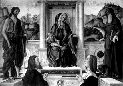 Vittore Carpaccio - Madonna and Child Enthroned with Saints and Donor - Walters 37495. Free illustration for personal and commercial use.
